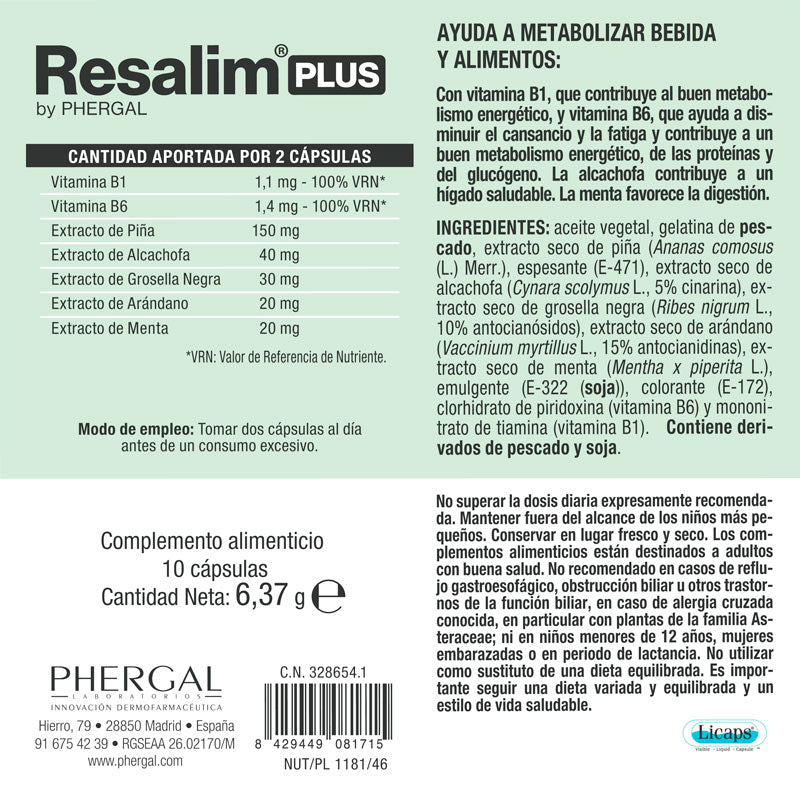 Trasera e información nutricional de Resalim Plus
